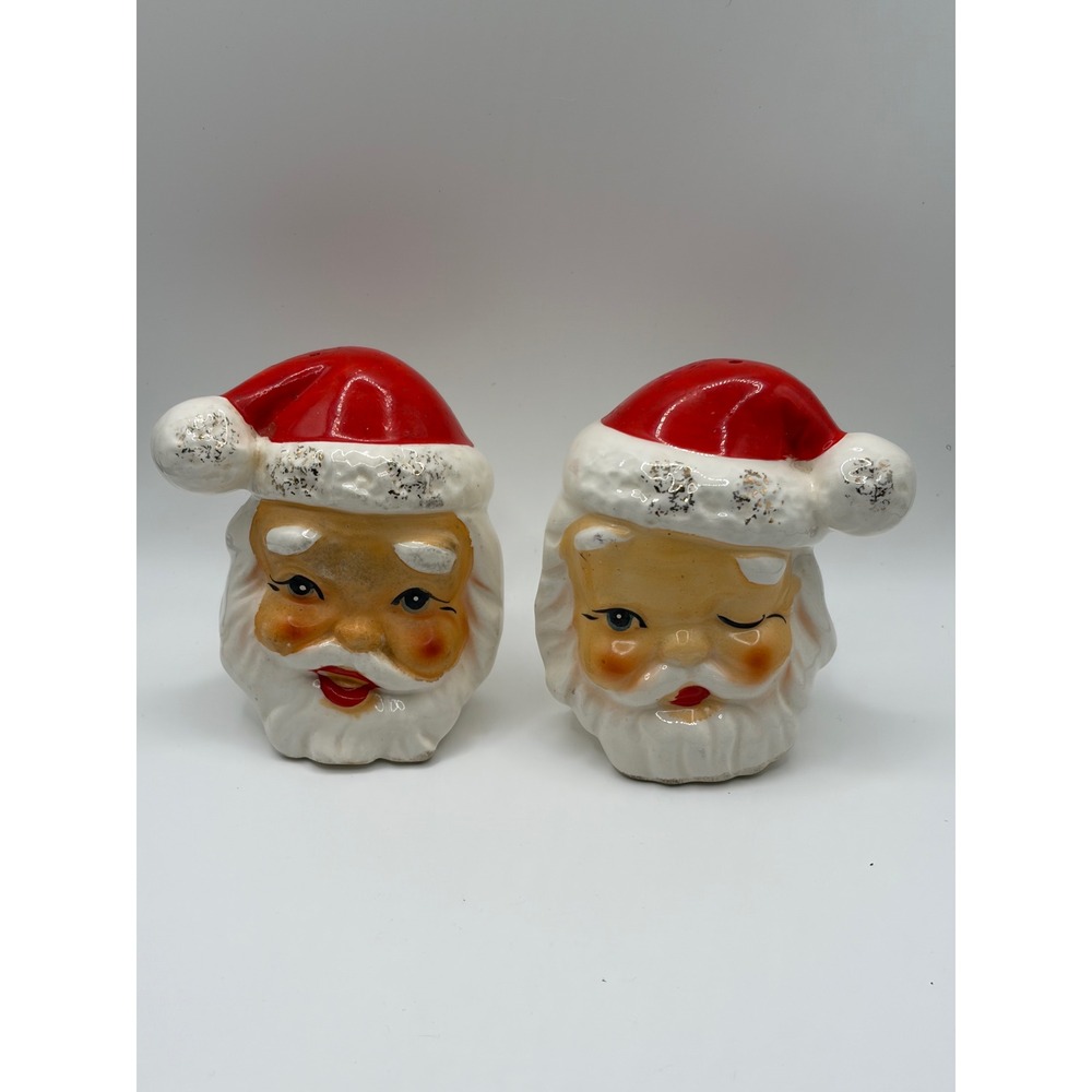 Vintage Ceramic Santa Claus Head Salt and Pepper Shakers Winking Santa Christmas